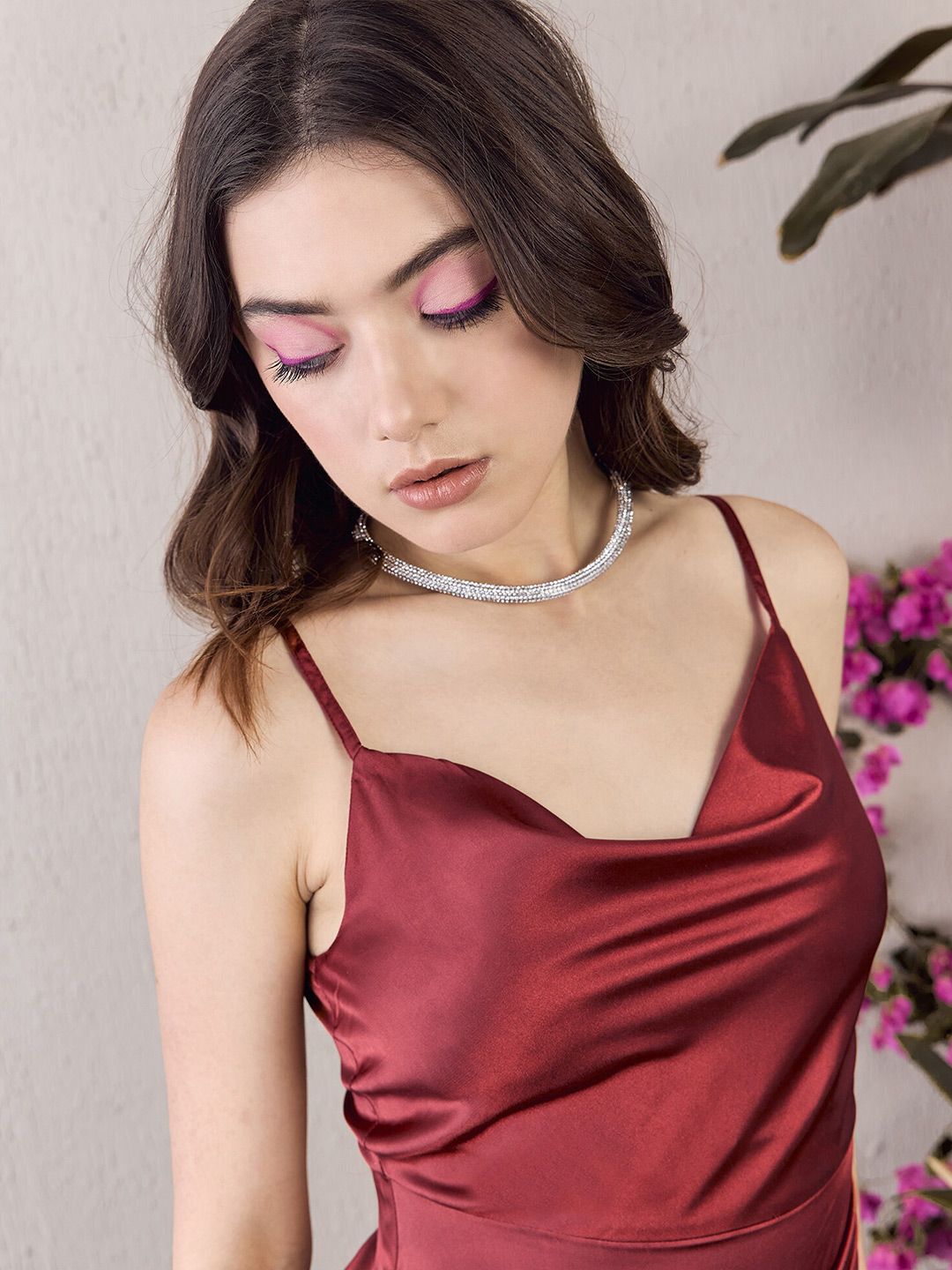Berrylush Brown Shoulder Straps Satin Sheath Dress
