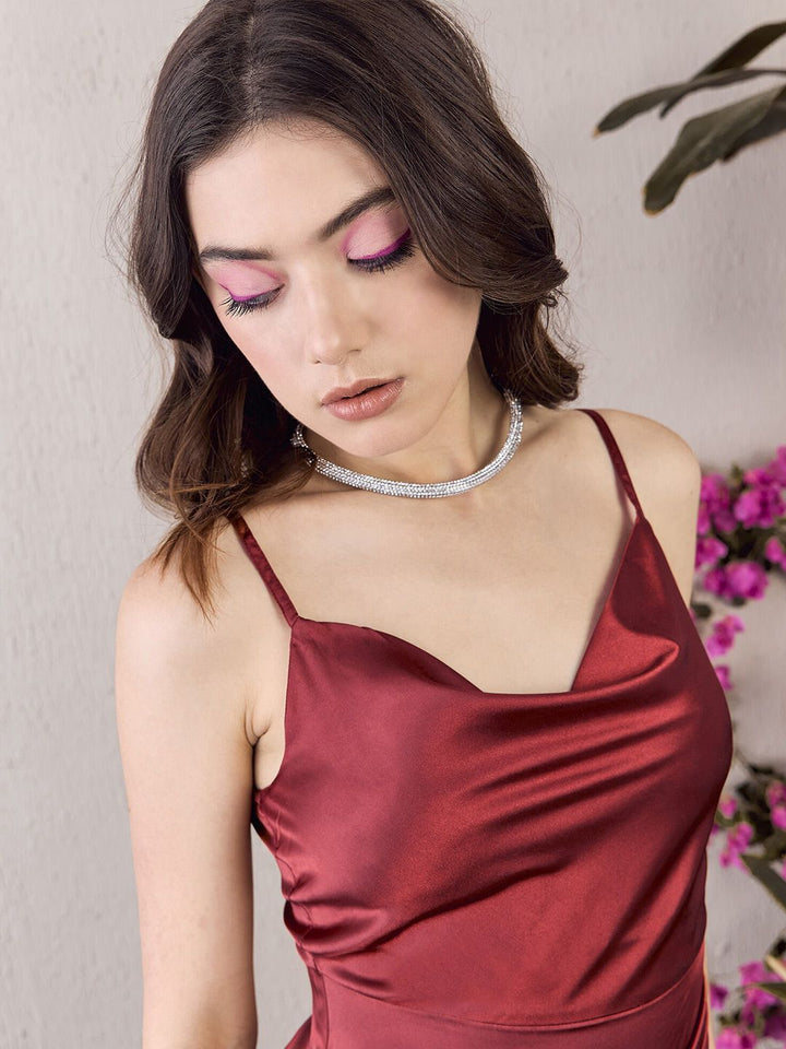 Berrylush Brown Shoulder Straps Satin Sheath Dress
