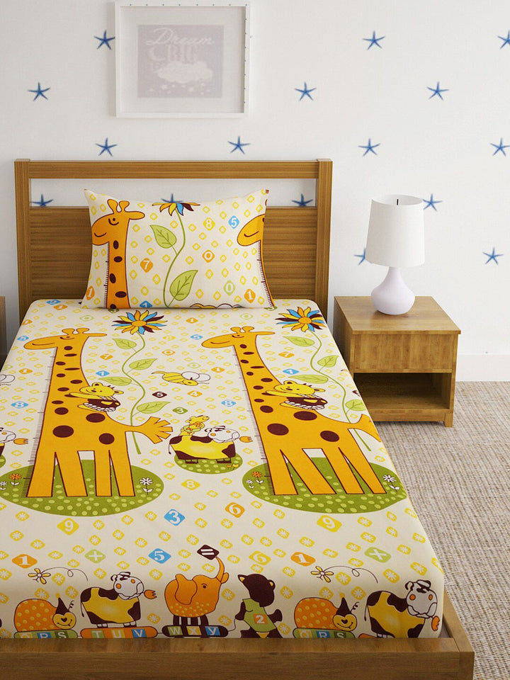 HOSTA HOMES Beige & Yellow Graphic 220 TC Single Bedsheet with 1 Pillow Covers