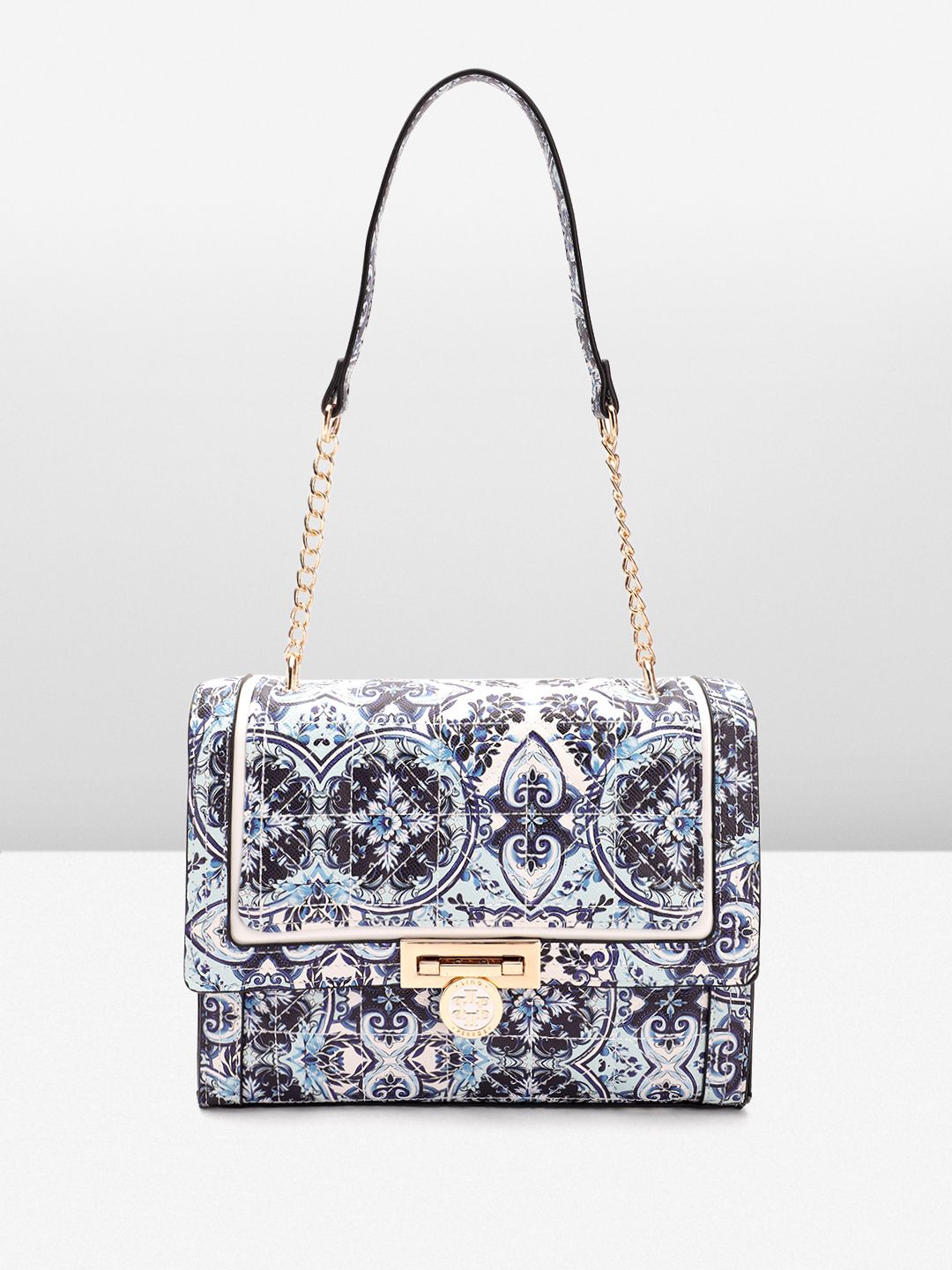 Lino Perros Floral Printed Structured Shoulder Bag with Quilted Detail