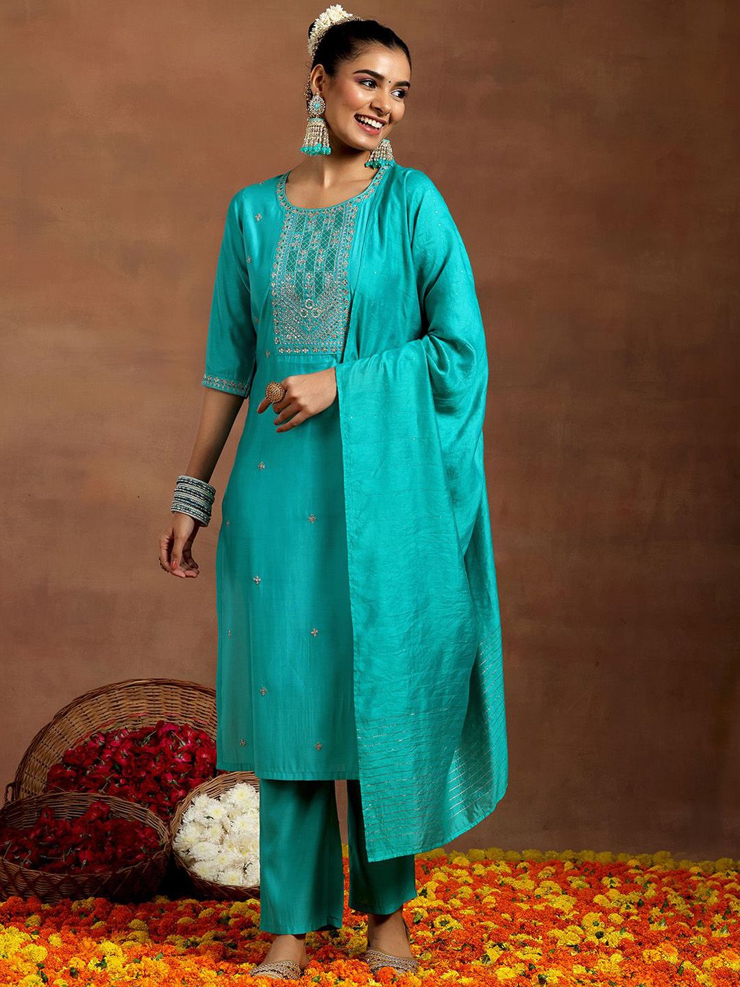 Gerua By Libas Floral Embroidered Sequinned Straight Kurta With Trouser & Dupatta