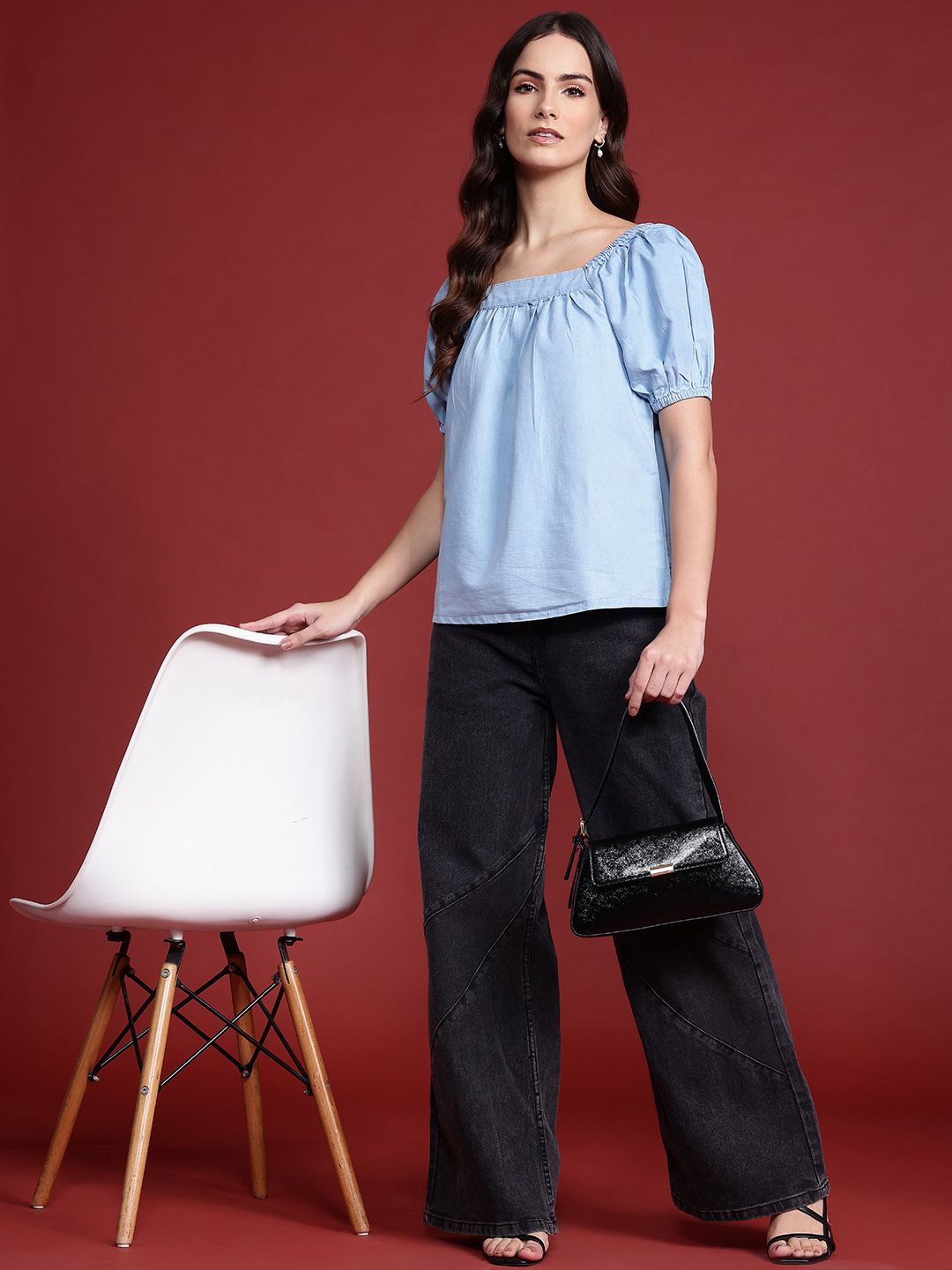 all about you Puff Sleeve Cotton Chambray Boxy Top