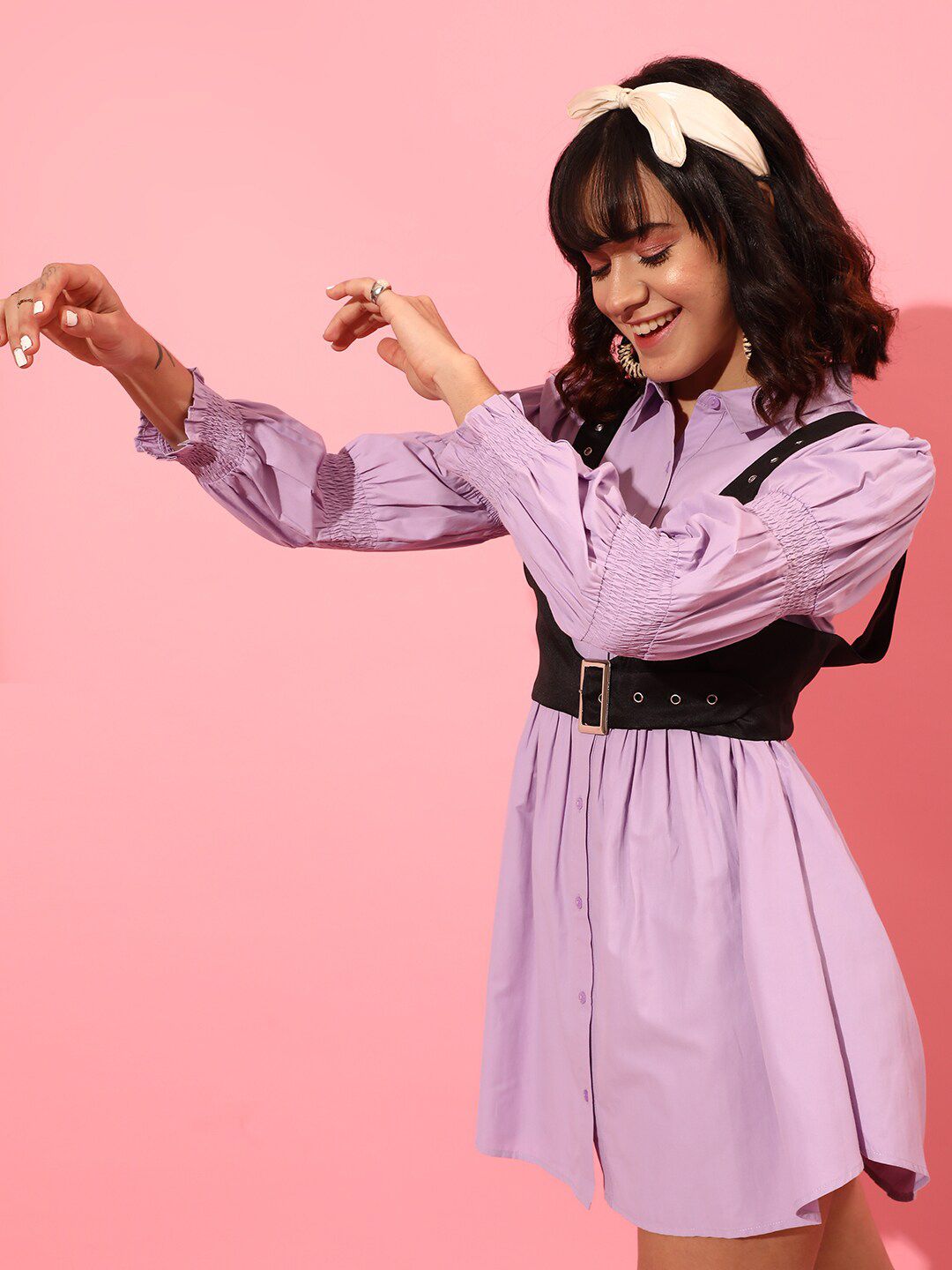 STREET 9 Puff Sleeves Pure Cotton Shirt Dress
