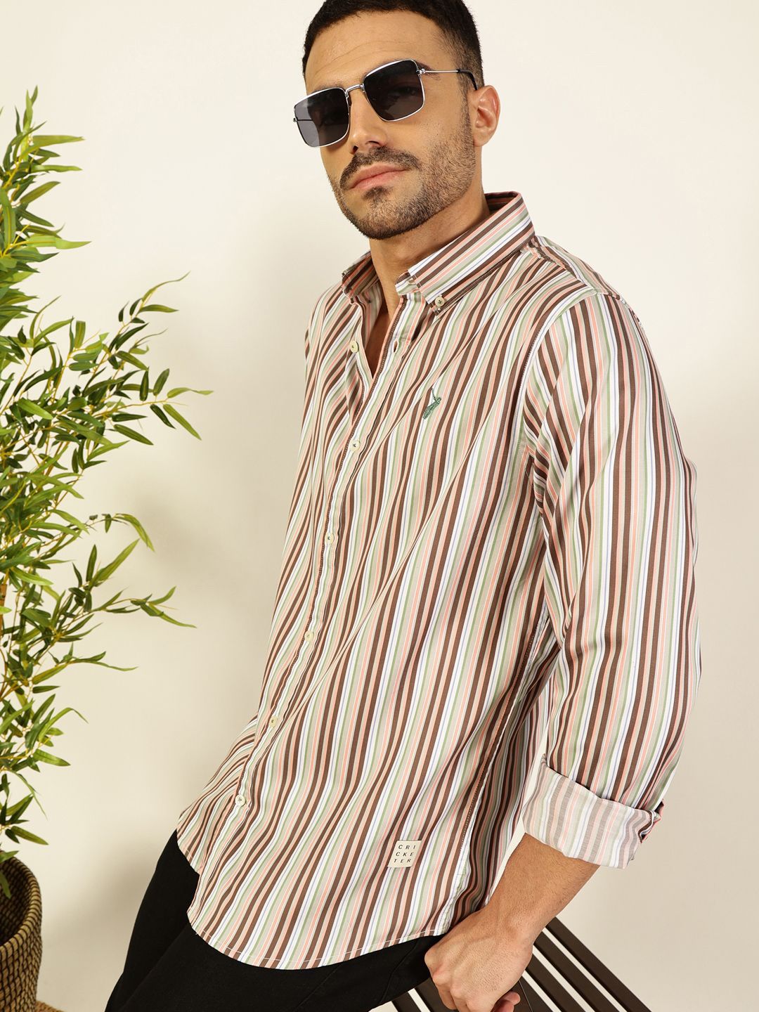 Thomas Scott Men Premium Spread Collar Multi Striped Cotton Slim Fit Casual Shirt