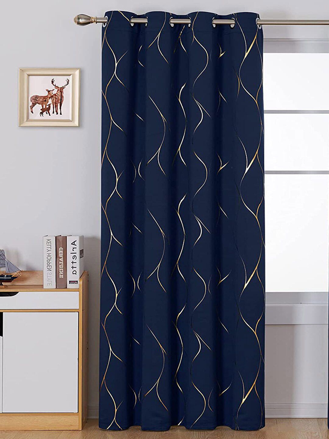 URBAN SPACE Gold Foil Navy Blue & Gold-Toned Printed Black Out Door Curtain