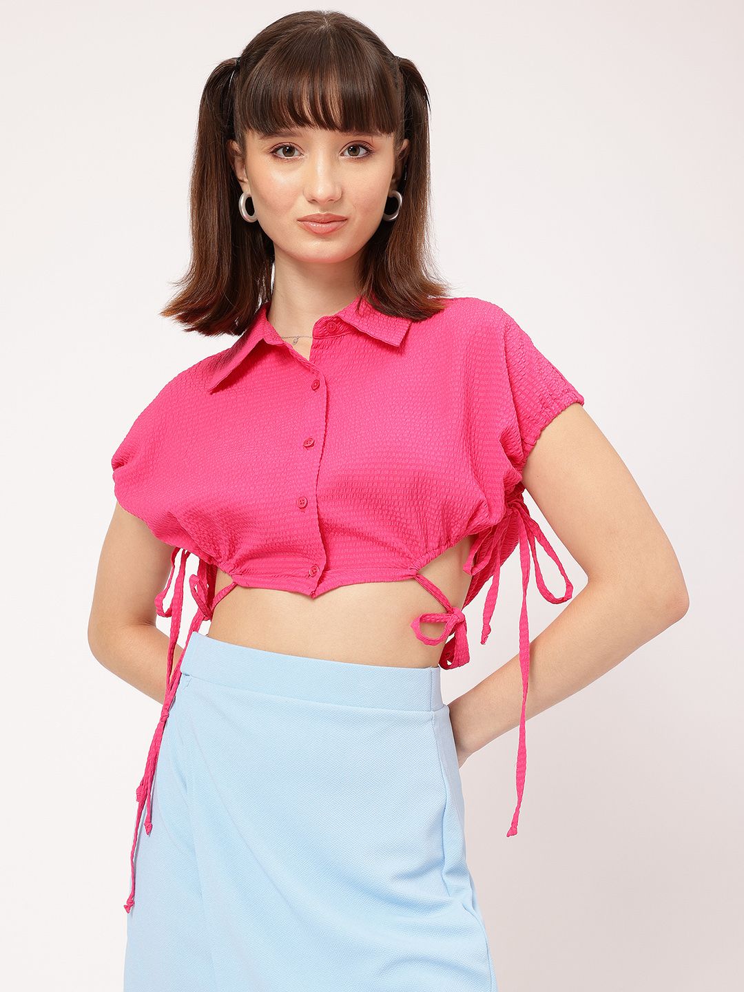 DressBerry Romantic Radiance Seersucker Cut-Out Detail Crop Shirt Style Top