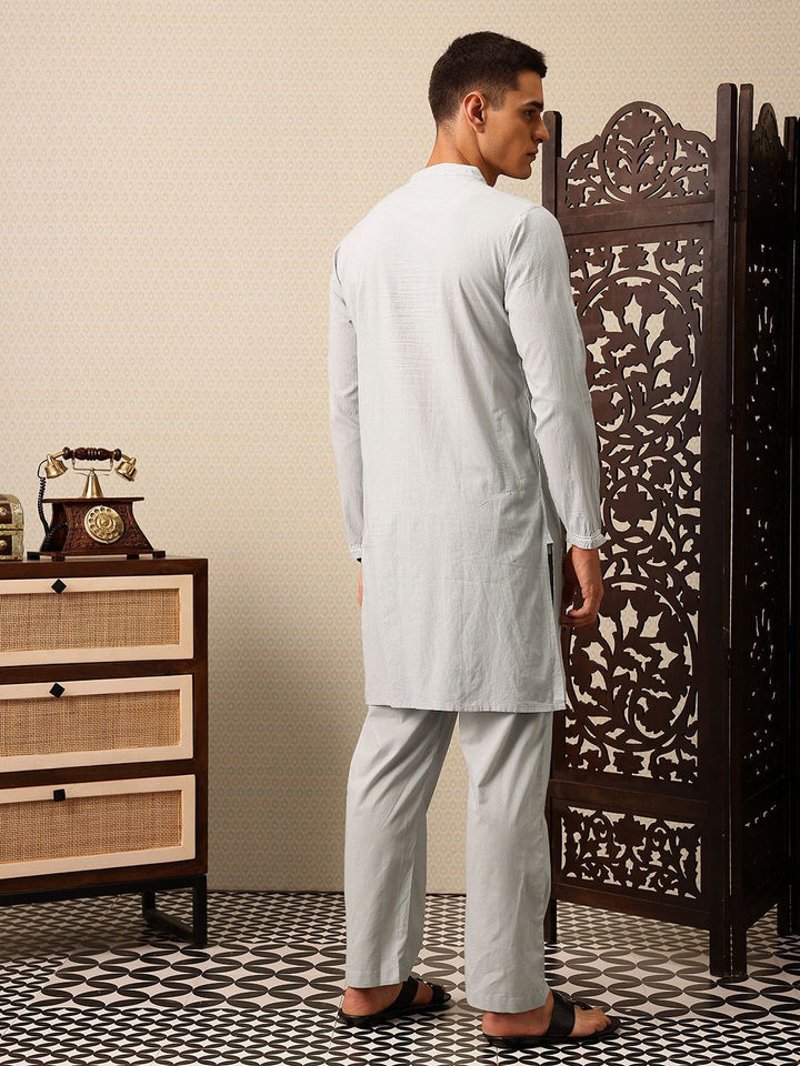 House of Pataudi Embroidered Band Collar Thread Work Pure Cotton Jashn Kurta with Trousers