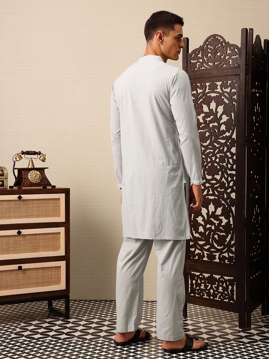 House of Pataudi Embroidered Band Collar Thread Work Pure Cotton Jashn Kurta with Trousers