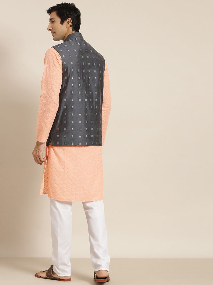 SOJANYA Men Peach-Coloured Ethnic Motifs Pure Cotton Kurta with Churidar & Nehru Jacket