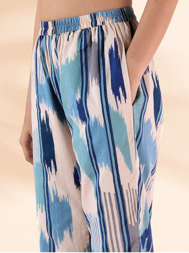 trueBrowns Malang Ikat Printed Pure Cotton V-Neck Top With Trousers