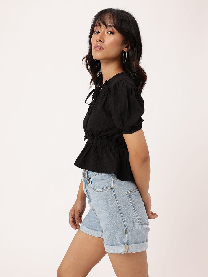 DressBerry Tie-Up Seersucker Ruched Peplum Crop Top