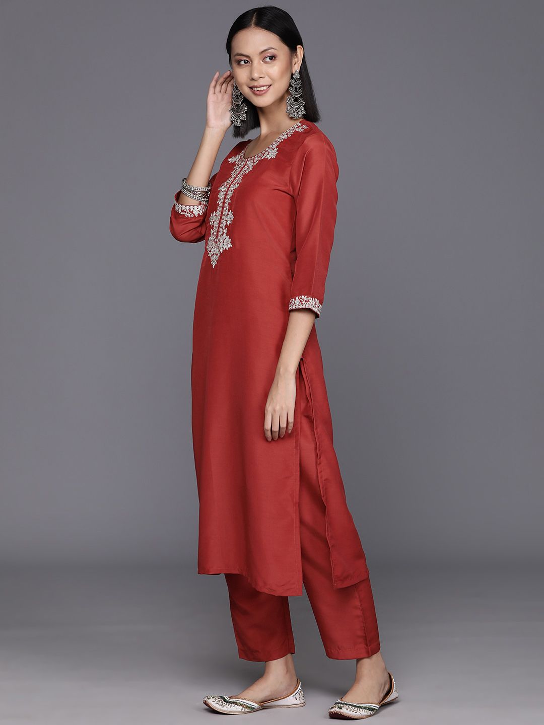 Varanga Women Rust Yoke Design Zari Kurta with Trousers & Dupatta