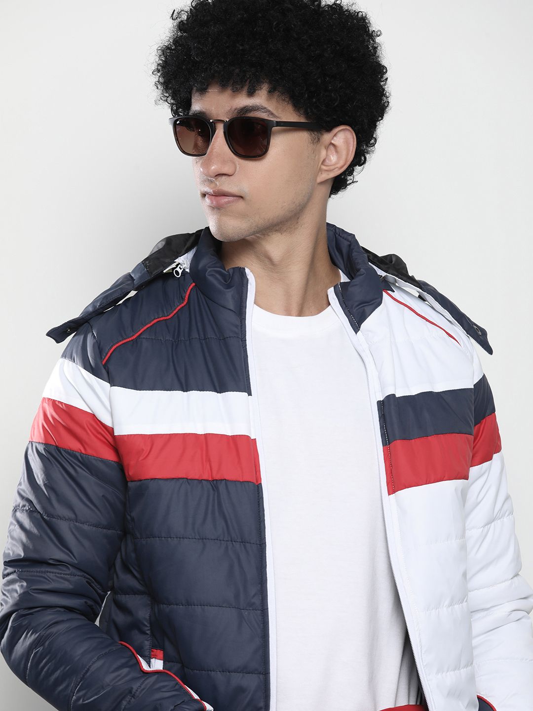 The Indian Garage Co Men Colourblock Puffer Jacket with Detachable Hood