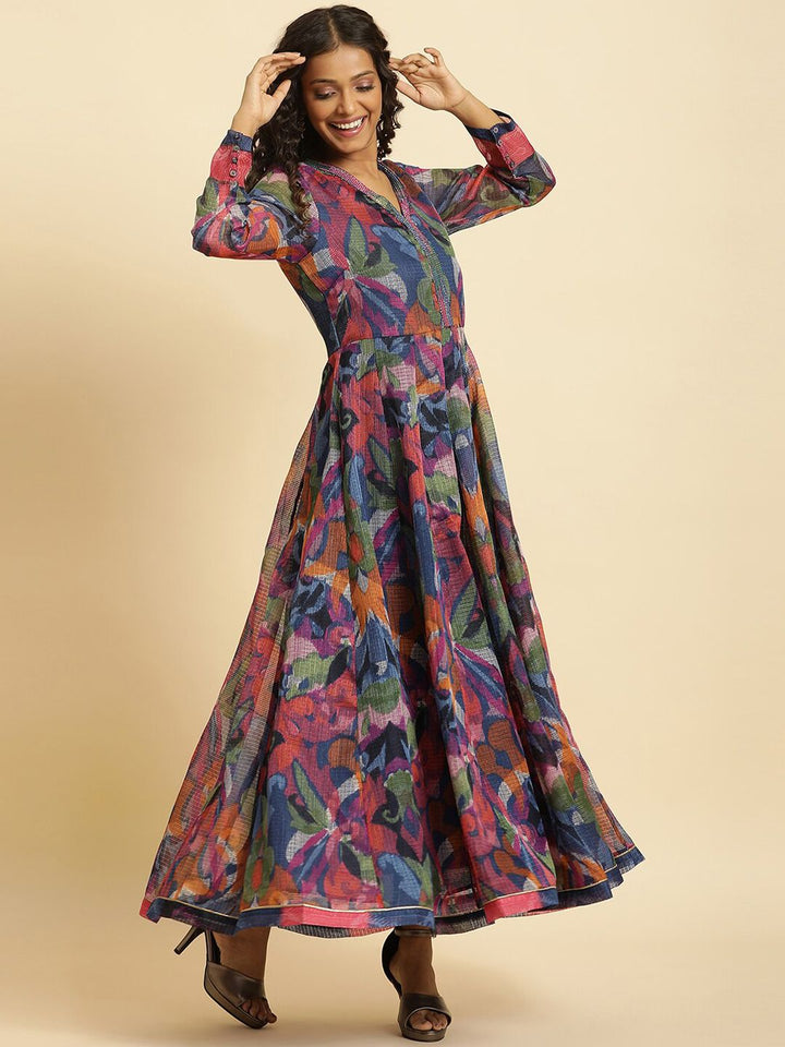 W Navy Blue Floral Printed Fit & Flare Ethnic Dress