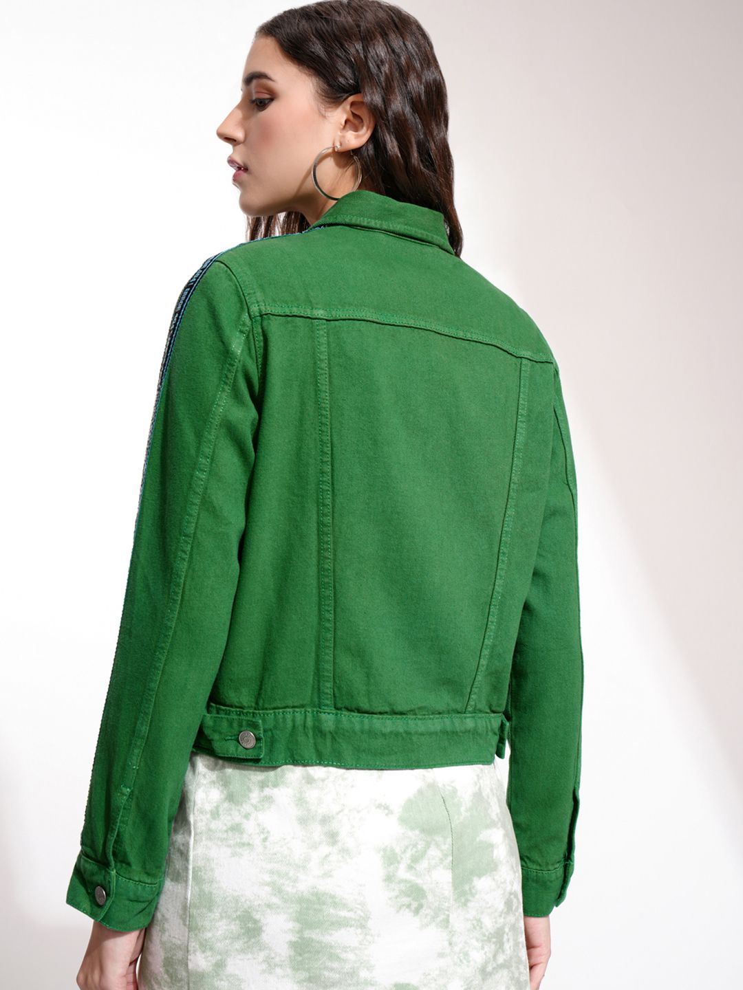 Tokyo Talkies Women Green Printed Denim Jacket