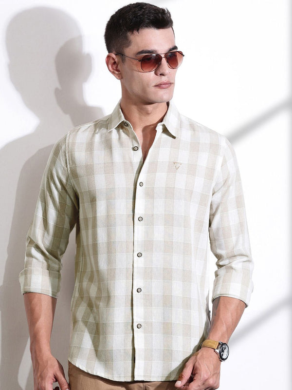 Thomas Scott Men Classic Slim Fit Spread Collar Windowpane Checked Cotton Casual Shirt