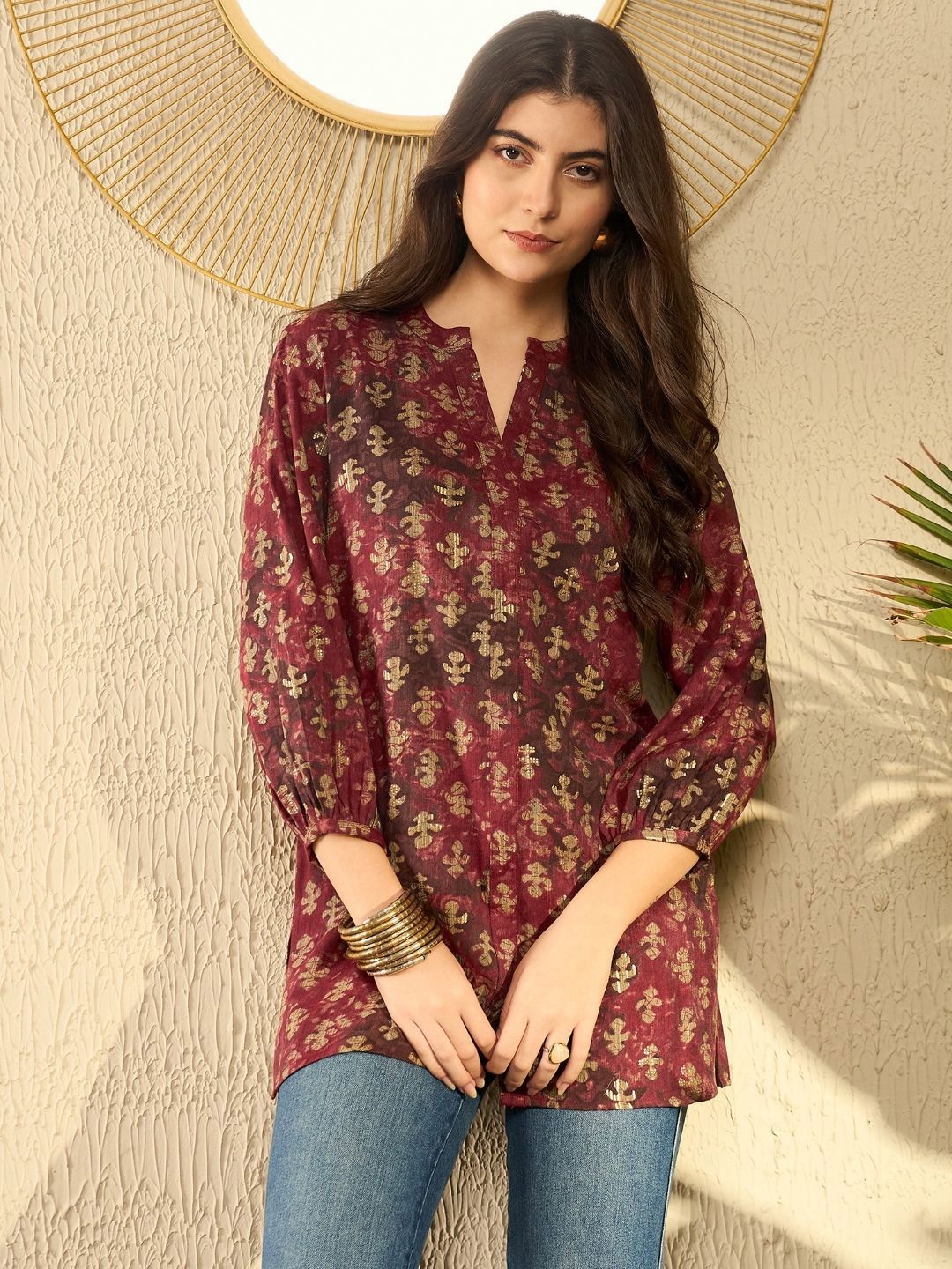 KALINI Floral Print Mandarin Collar Top