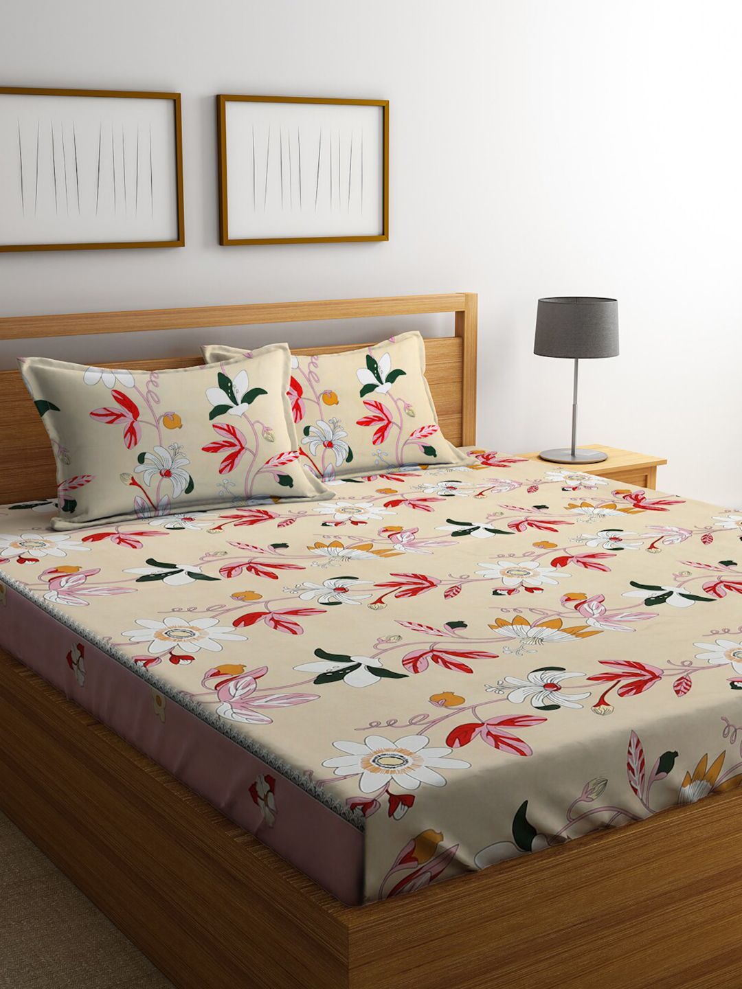 KLOTTHE Beige Floral Cotton 300 TC King Fine Bedsheet with 2 Pillow Covers-96 x 89 inches