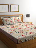 KLOTTHE Beige Floral Cotton 300 TC King Fine Bedsheet with 2 Pillow Covers-96 x 89 inches