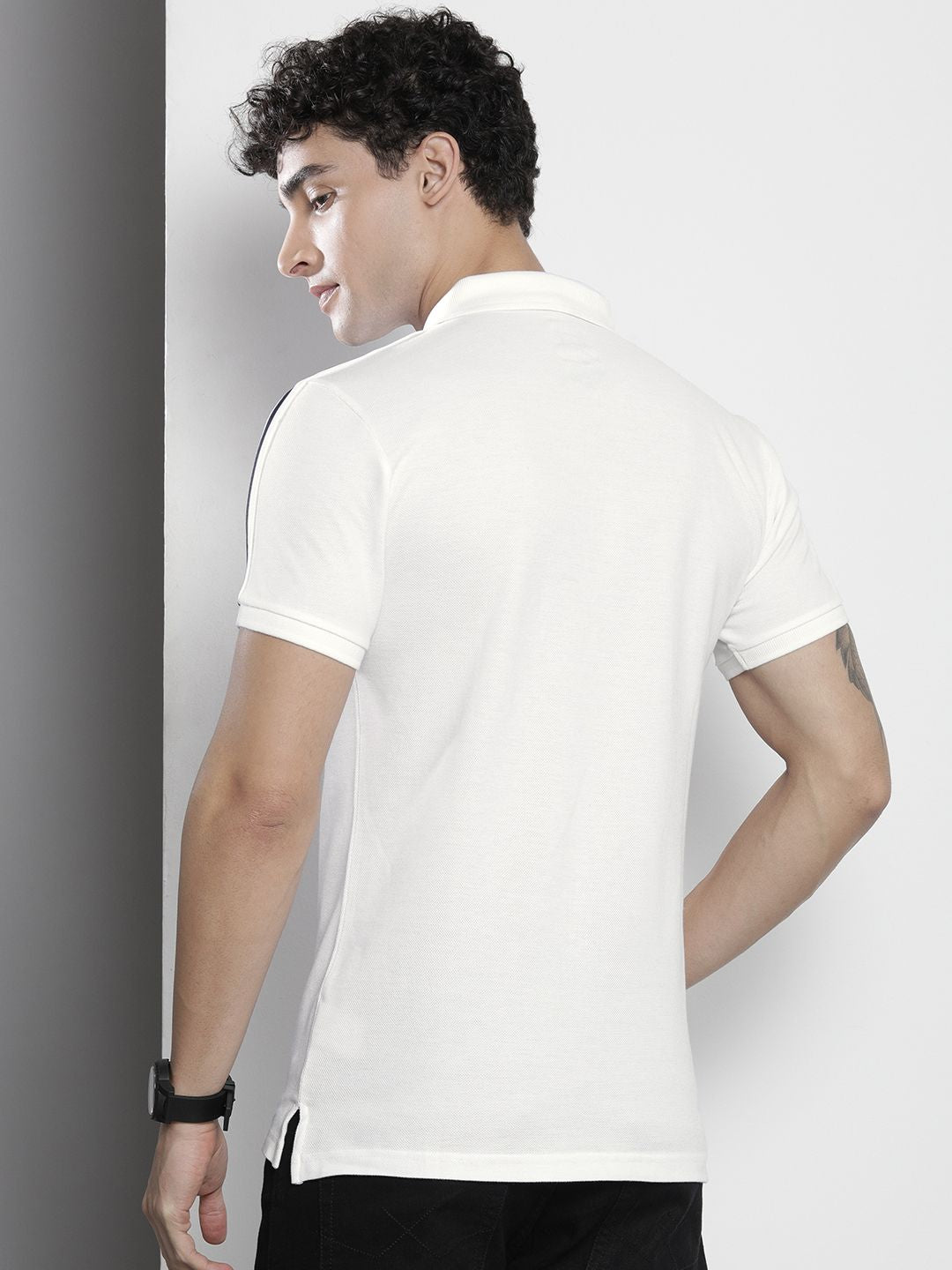 The Indian Garage Co Men White & Black Brand Logo Printed Polo Collar Slim Fit T-shirt