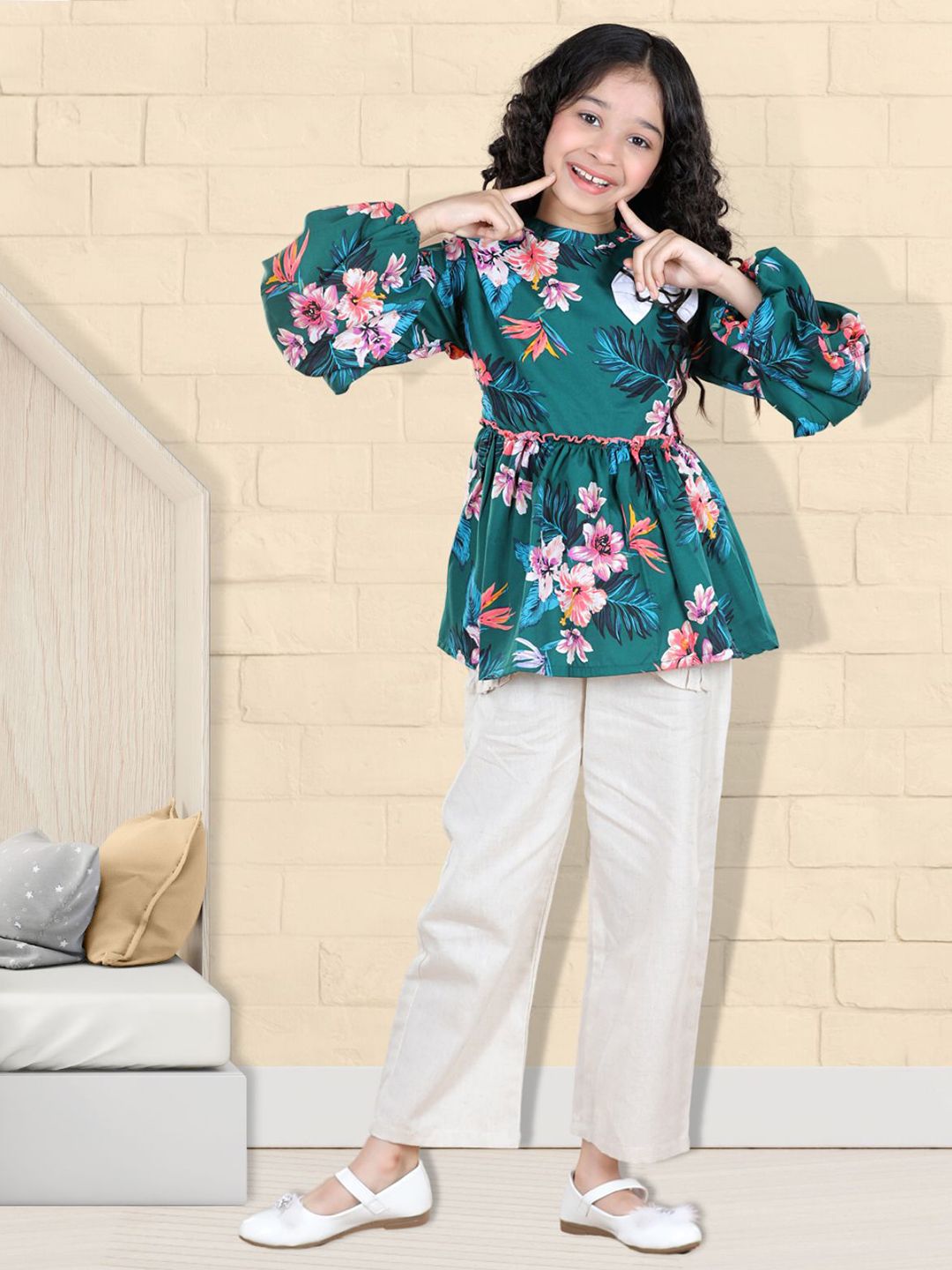 Cutiekins Girls Teal & Off White Floral Top with Palazzos