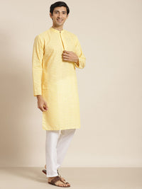 SOJANYA Men Yellow Chikankari Pure Cotton Kurta with Churidar & Nehru Jacket