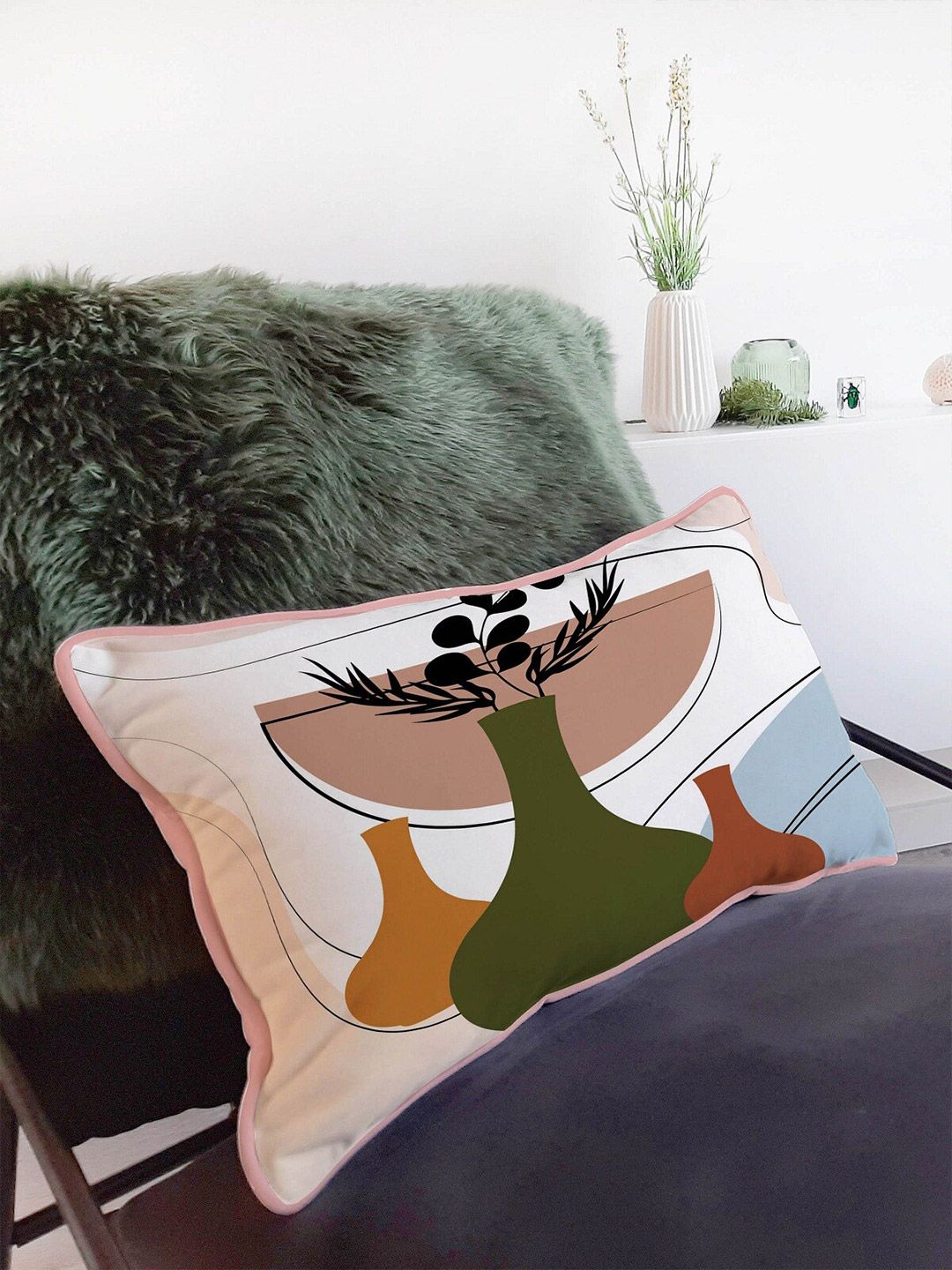 STITCHNEST Set of 2 White & Green Velvet Cushion Cover