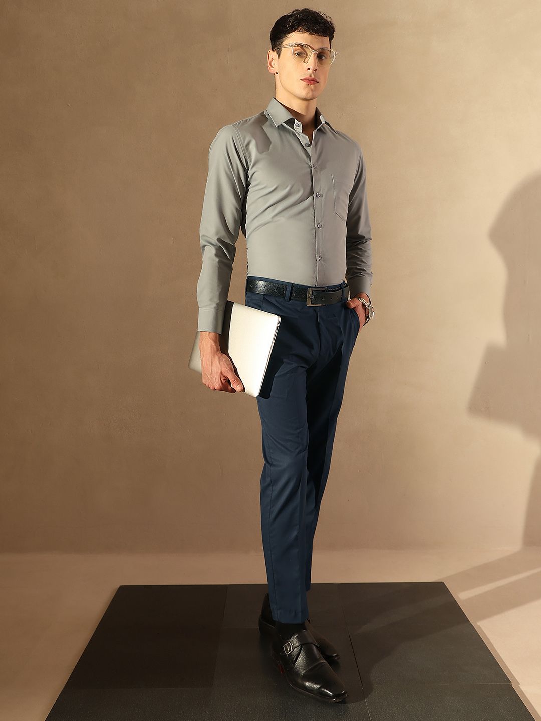 DENNISON Men Navy Blue Tapered Fit Trousers