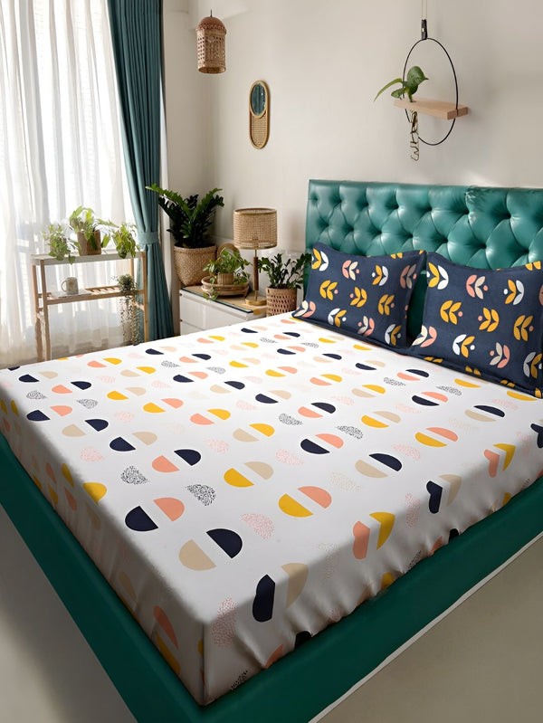 KLOTTHE White & Yellow Geometric 300TC Double King Bedsheet With 2 Pillow Covers
