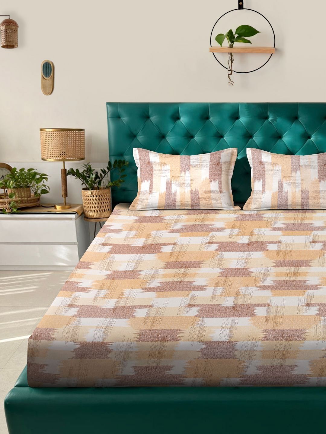 KLOTTHE Berwarna Jingga Geometrik Bercetak 400TC Kapas Tulen Set Cadar Double King