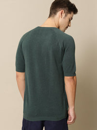 Mr Bowerbird Men Green Solid Tailored Fit Round Neck Sweater Pure Cotton T-shirt