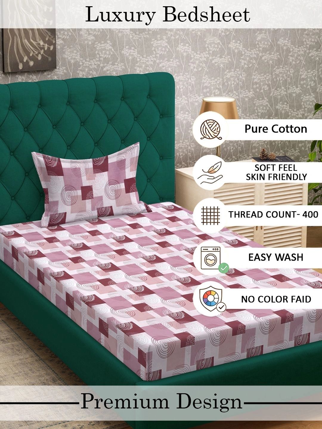 Myntra Elegant Homes Pink Geometric 400 TC Single Bedsheet with 1 Pillow Covers