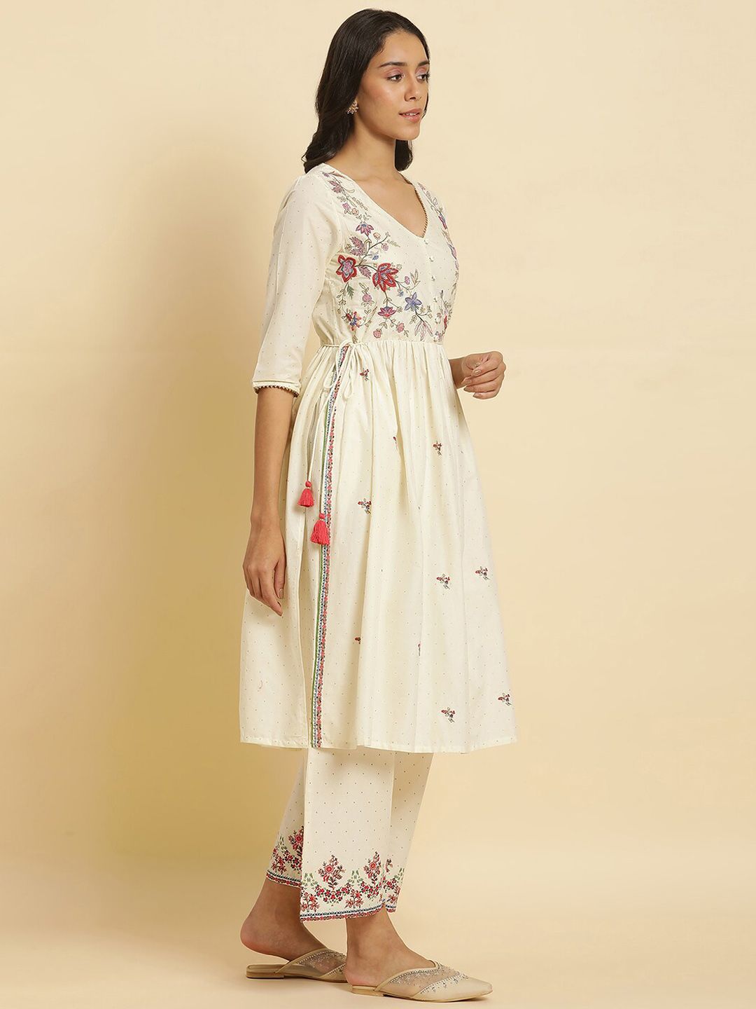 W Floral Embroidered Thread Work Pure Cotton A Line Kurta With Trousers & Dupatta
