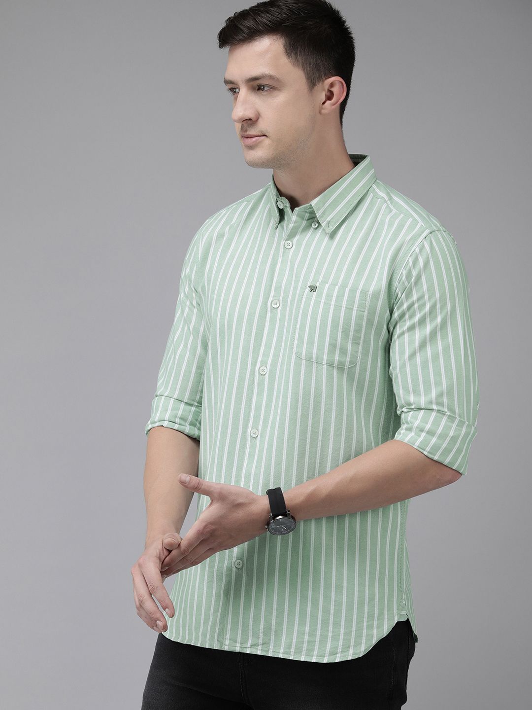 THE BEAR HOUSE Men Green Pure Cotton Slim Fit Striped Casual Shirt