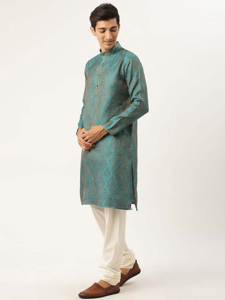 SOJANYA Kurta Motif Etnik Biru Teal & Merah Lelaki dengan Jaket Churidar & Nehru