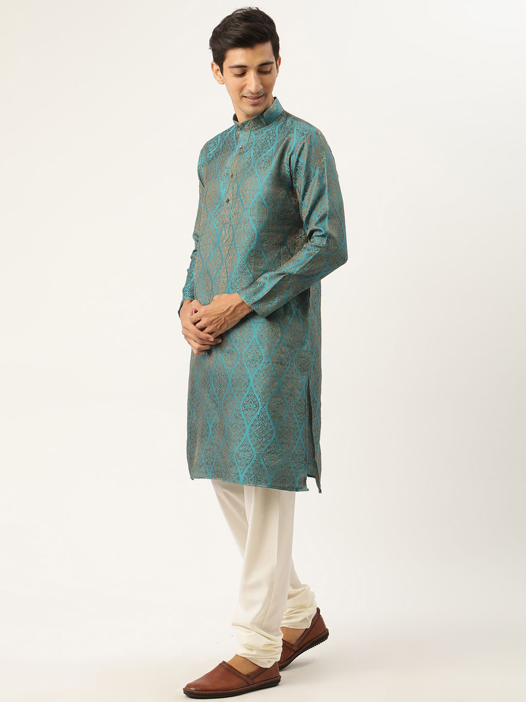 SOJANYA Kurta Motif Etnik Biru Teal & Merah Lelaki dengan Jaket Churidar & Nehru