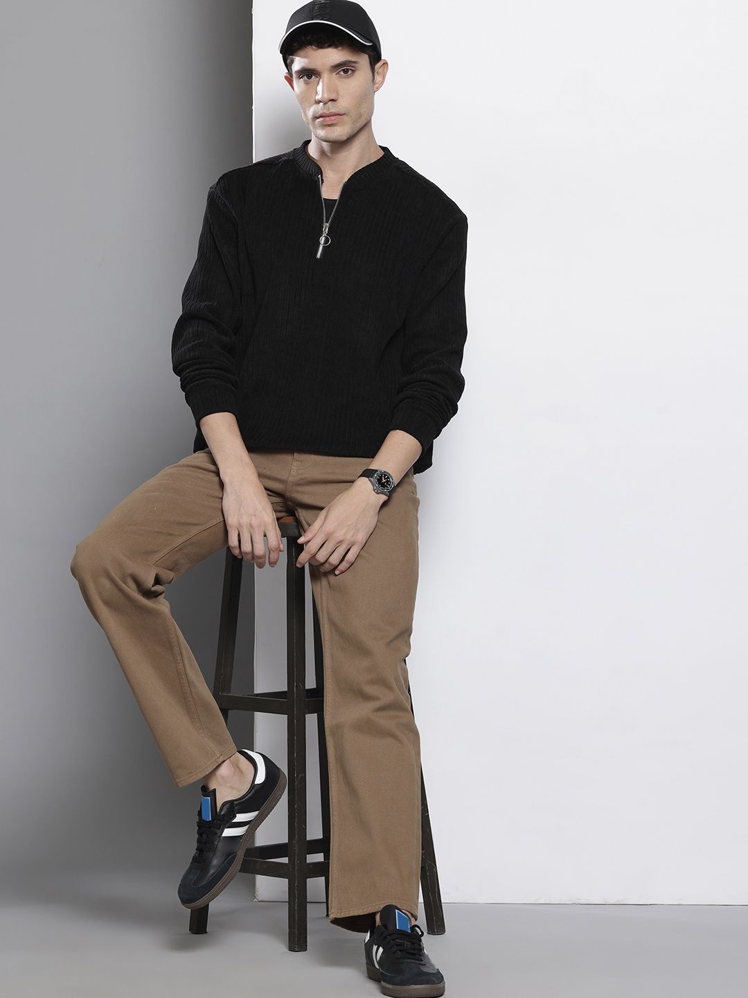 The Indian Garage Co Self Design Henley Neck Drop-Shoulder Sleeves Corduroy Sweatshirt