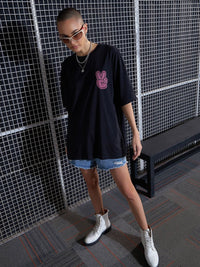 SASSAFRAS Black Graphic Printed Drop-Shoulder Oversized Pure Cotton T-shirt