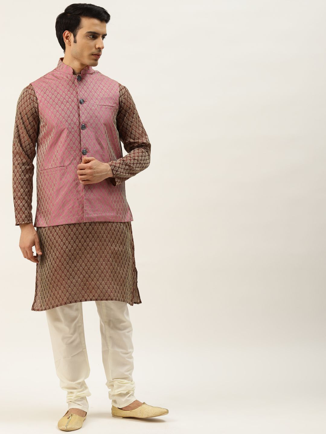 SOJANYA Kurta Rekaan Diri Lelaki Maroon & Emas dengan Jaket Churidar & Nehru