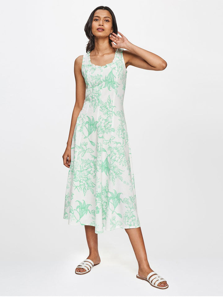 AND Green & White Floral Printed Lettuce Neck A-Line Midi Dress