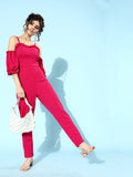Athena Women Pink Self-Design Off-Shoulder Top with Trousers