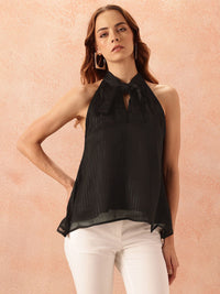 all about you Vertically Striped Knot Detail Halter Neck A-Line Top