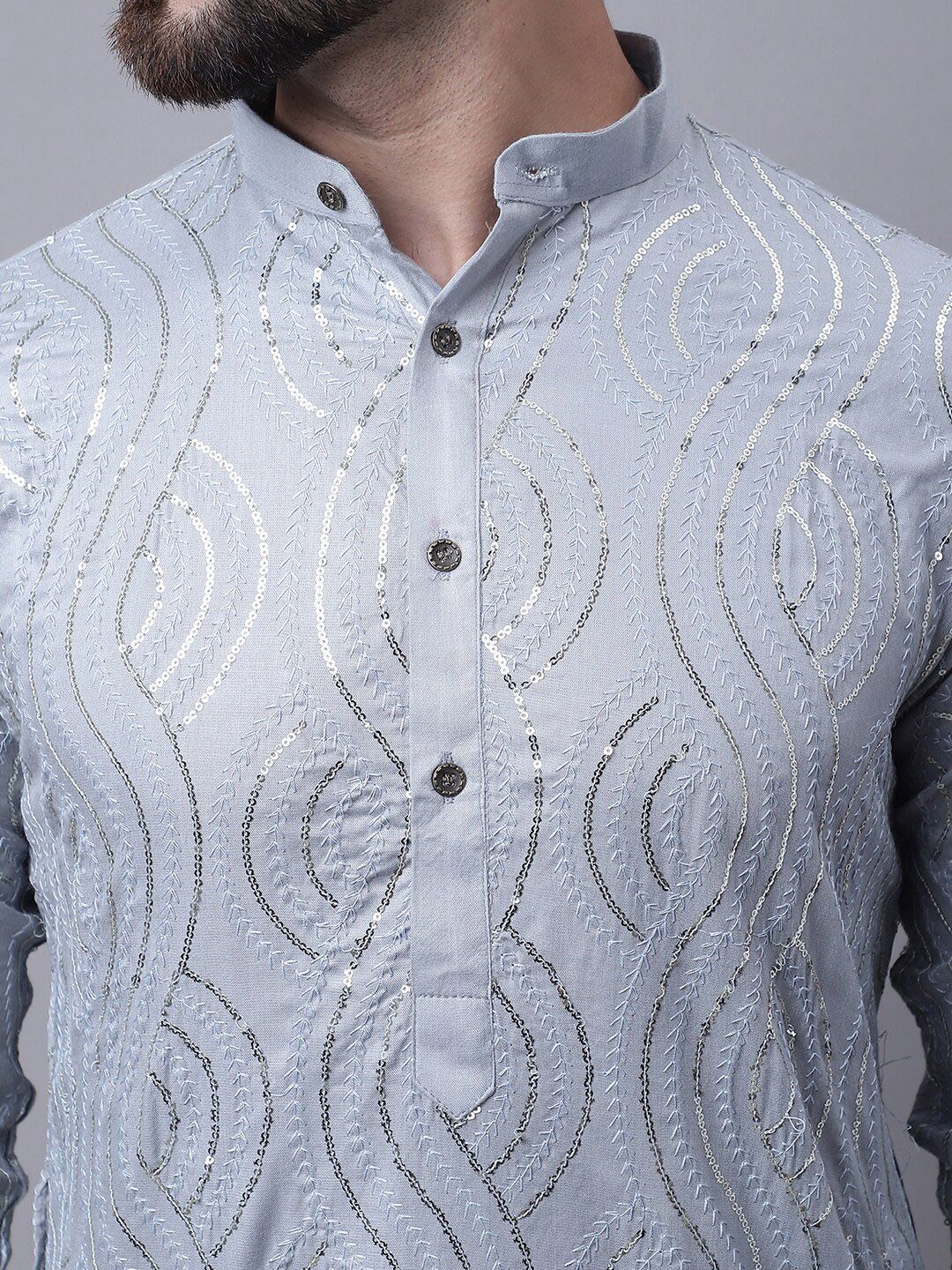 SOJANYA Men Embroidered Pure Cotton Sequinned Kurta With Pyjamas & Nehru Jacket