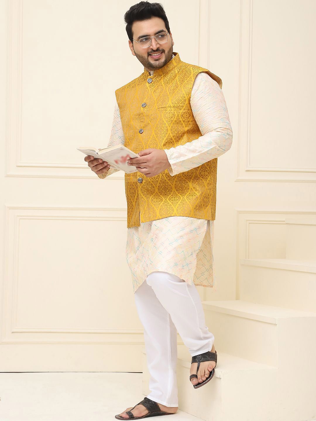 SOJANYA PLUS Lelaki Plus Size Printed Mandarin Collar Nehru Jaket