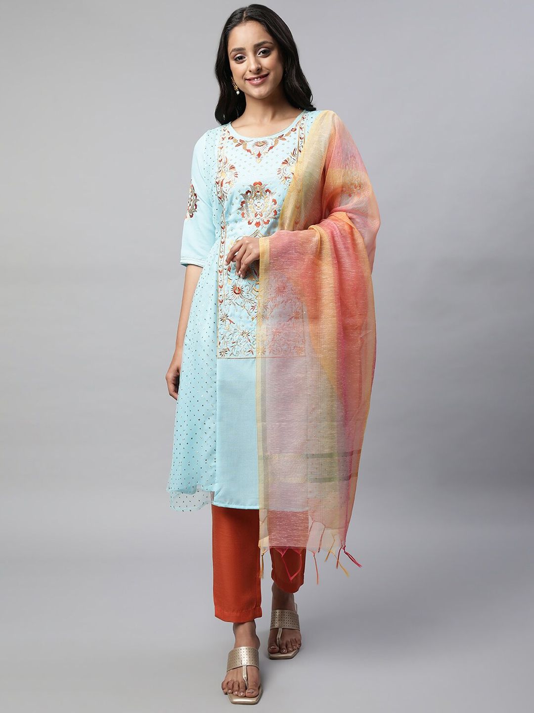 AURELIA Ethnic Motifs Embroidered Sequinned Kurta with Trousers & Dupatta