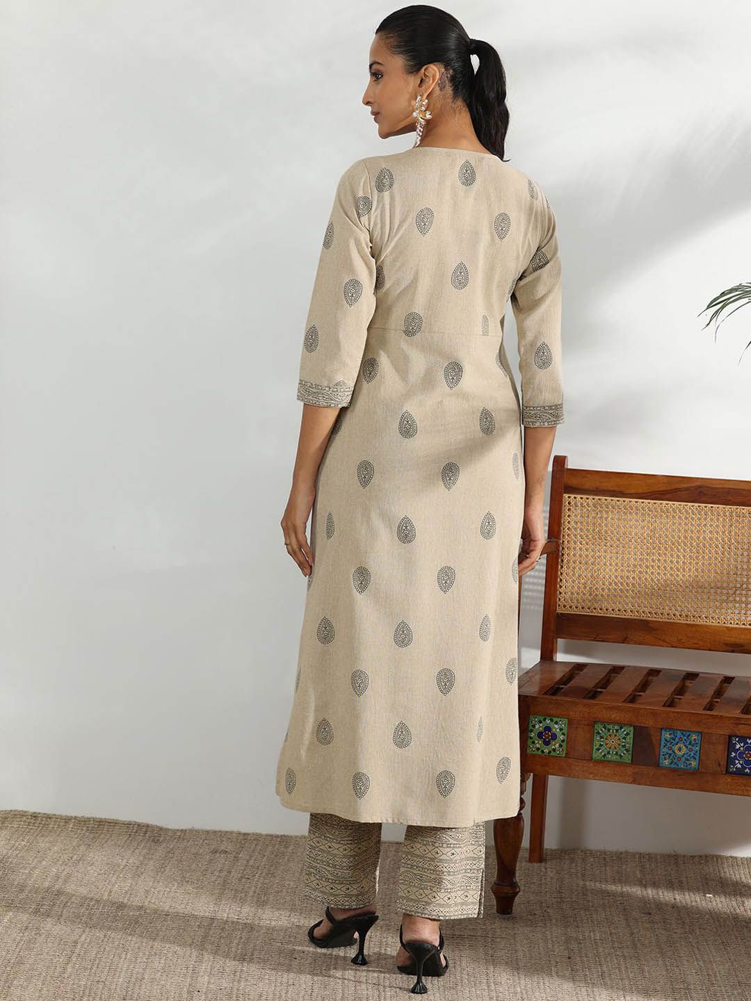 Libas Beige and Black Ethnic Motifs Printed Pleated Sequinned A-Line Kurta with Trousers