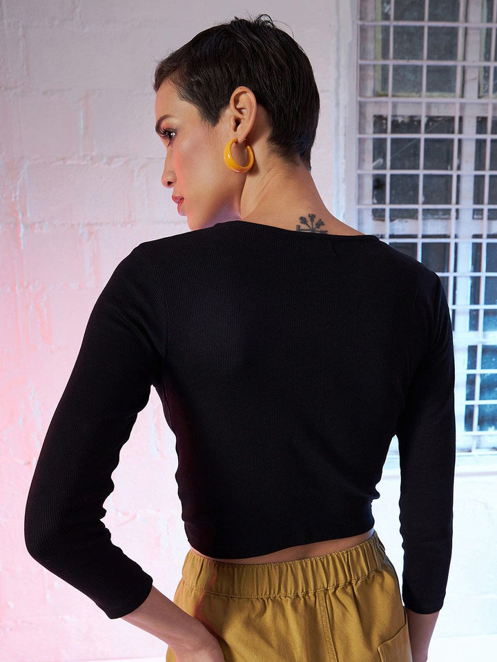 SASSAFRAS Women Black Solid Cropped Twisted Knot Top