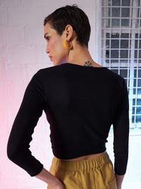 SASSAFRAS Women Black Solid Cropped Twisted Knot Top