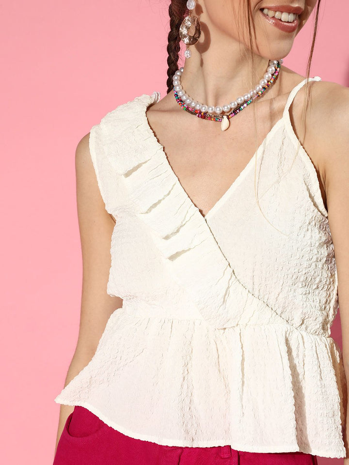 SASSAFRAS Women White One Shoulder Ruffles Empire Top