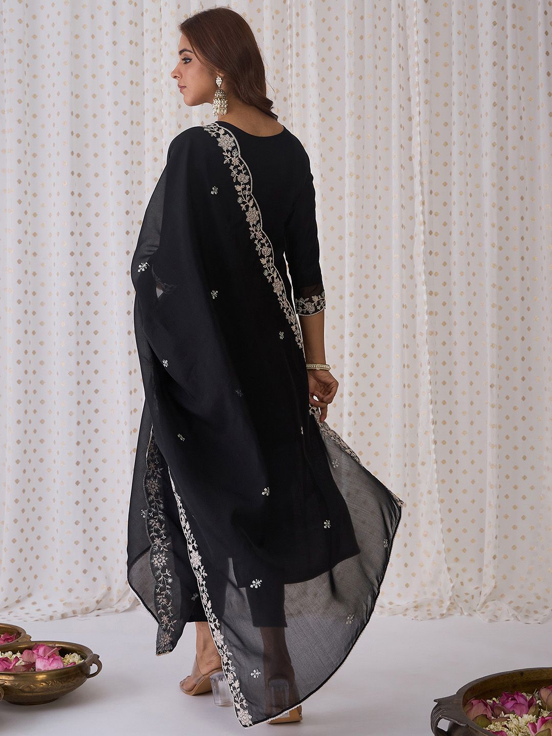 Indo Era Black Floral Embroidered Thread Work Kurta with Trousers & Dupatta